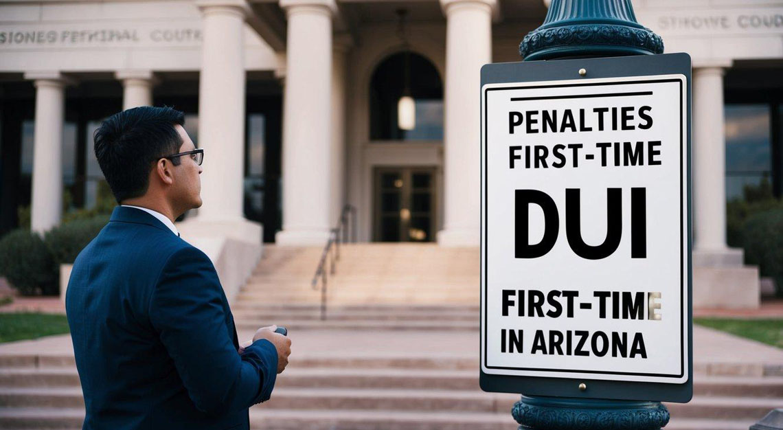 A person standing in front of a courthouse, looking at a sign displaying penalties for a first-time DUI in Arizona
