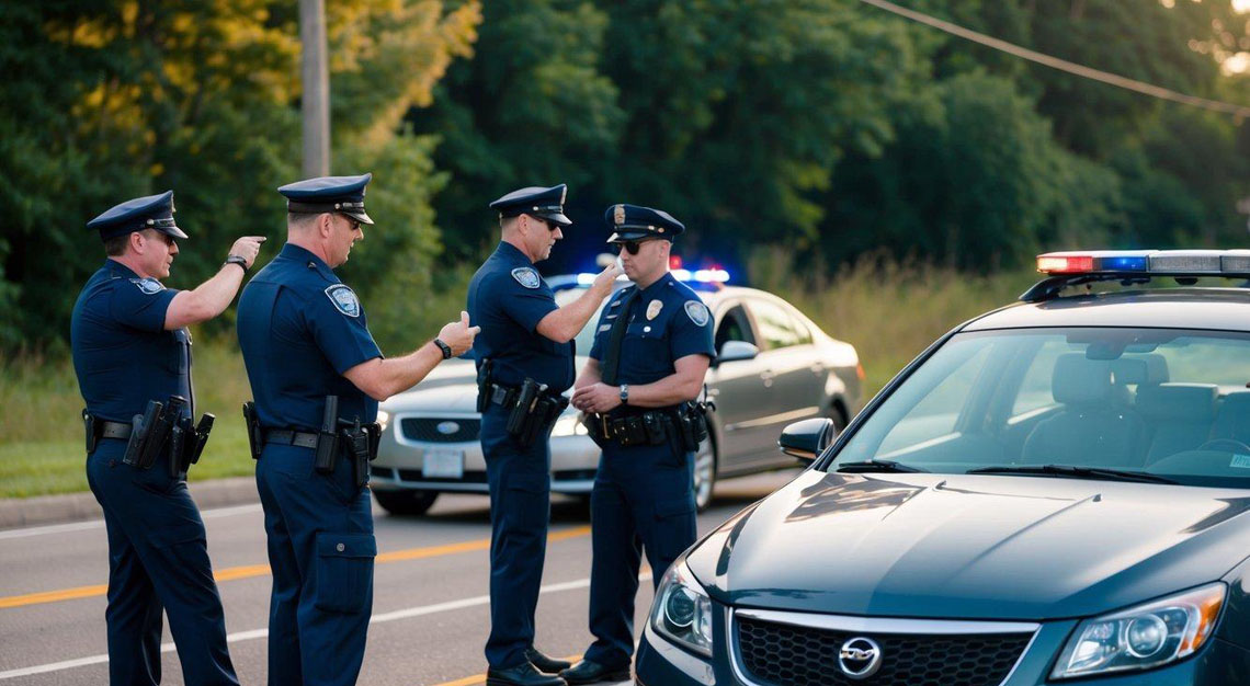 A car pulled over on the side of the road, with police officers conducting a field sobriety test on the driver. The driver's car is parked behind them